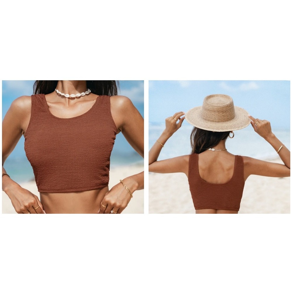 Cupshe Ribbed Tankini Top Medium Brown Scoop Neck Padded Swim NWT